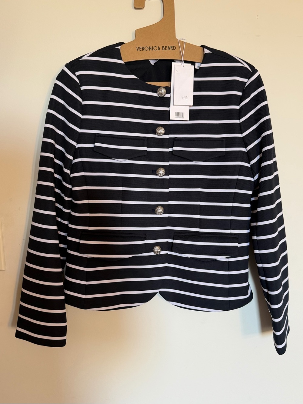 Veronica Beard Black & White Striped Round-Neck Button Blazer
